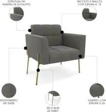 Poltrona Para Sala Pé Metal Dourado Kit 2 Ana Suede Grafite - Ibiza