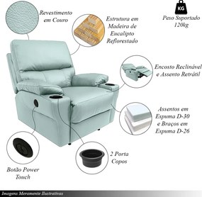 Poltrona do Papai Sala de Cinema Mia Reclinável Retrátil Power Elétrico Base Fixa Couro Azul Claro G40 - Gran Belo