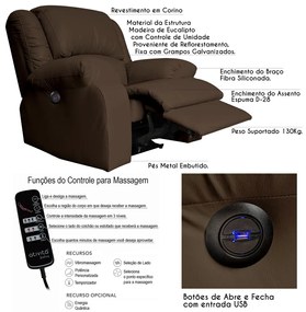 Poltrona do Papai Reclinável Elétrica com Massagem e USB Magnum PU Sintético Marrom Fosco G23 - Gran Belo