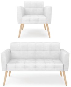 Kit 1 Sofá Namoradeira e 1 Poltrona Elisa Corano Pés Palito Natural - D'Rossi - Branco