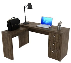 Escrivaninha Canto Escritório Home Office 3 Gavetas Nogal