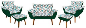 Kit 01 Namoradeira com 02 Poltronas e 02 Puffs Opala Composê Suede com Estampado Traçado Azul D33 Pés Palito Castanho - Verde
