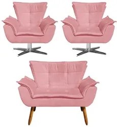 Kit Namoradeira e 2 Poltronas Giratórias Cromada Opla Suede Rose - Ibi