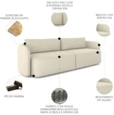 Sofá 3 Lugares 220cm Sala de Estar Karib Veludo Bege Z08    - Mpozenat