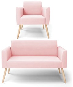 Sofá Namoradeira com Poltrona Pés Palito Natural Marisa Suede D03 - D'Rossi - Rosa Bebê