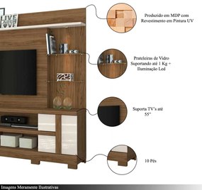 Home Theater Maxim  Porta 2 Prateleiras Iluminação LED MDP até 55 Naturale/OffWhite G97 - Gran Belo