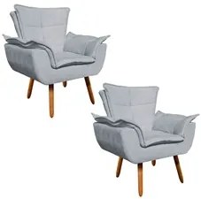 Kit 2 Poltronas Decorativas Sala de Estar Pés Palito Opla Suede Cinza