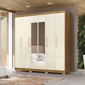 Guarda Roupa Casal Forest 6 Portas 2 com Espelhos Bater 6 Gavetas com Cabideiros MDF Nature/OffWhite G98 Gran Belo