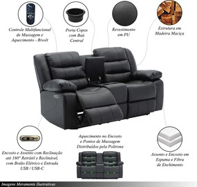 Conjunto Sofás 2 e 3 Lugares Elétricas Sala de Cinema Hollywood com Massagem Aquecimento Entrada USB/USB-C PU Preto G94 - Gran Belo