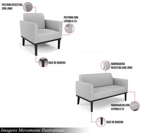 Conjunto Poltrona e Namoradeira Decorativa Isabella Pés Fixo em Madeira Preto Linho Cinza G19 - Gran Belo