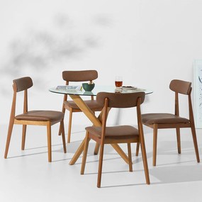 Conjunto Mesa de Jantar Thai Redonda Vidro Incolor - 1,10m + 4 Cadeira Nord Encosto Estofado PU - Cognac