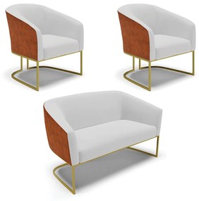 Namoradeira e 2 Poltronas Industrial Dourado Stella Noz/Linho D03 - D'Rossi - Cinza
