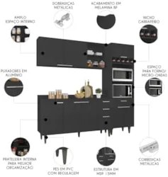 Armário de Cozinha Com Tampo CP02 210cm Pérola Preto Z34      - Mpozen