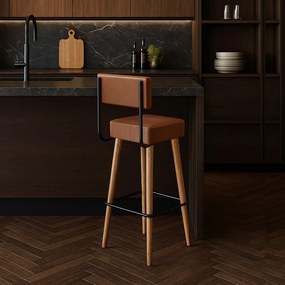 Banqueta Alta Cozinha 70cm Encosto Pé Madeira Barcelona PU Marrom S02 - D'Rossi