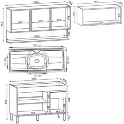 Armário de Cozinha 4 Peças Balcão com Pia 120cm Lina08 Z06 Gris/Freijó
