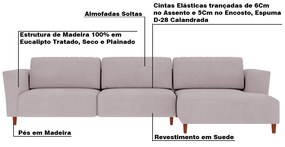 Sofá 310cm com Chaise Direita Franz Suede Rosê - Gran Belo