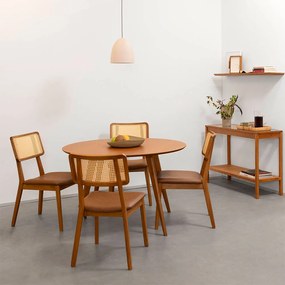 Conjunto Mesa de Jantar Square Laminada Redonda Natural - 1,18m + 4 Cadeiras Lalá Encosto Palha Creme Assento - Cognac