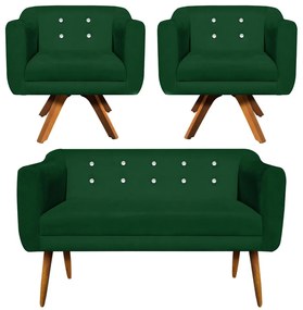 Kit 01 Namoradeira 02 Lugares e 02 Poltronas Giratória Julia Suede Verde com Strass Base Madeira MM30 D'Rossi