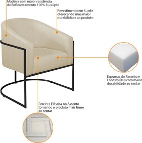 Poltrona Decorativa Sala de Estar Recepção Luiza Base de Ferro Preto Suede - ADJ Decor