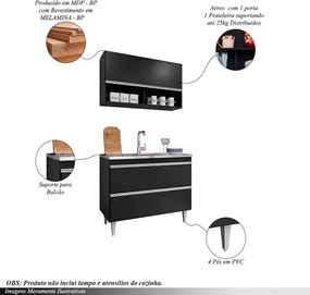Conjunto Balcão de Cozinha Armário Aéreo Wollo MDP/BP Preto G96 - Gran Belo