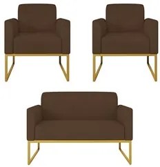 Kit Namoradeira e 2 Poltronas Decorativas Base Industrial Dourada Mare