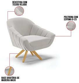 Poltrona Giratória Giovana Veludo Base Maderia MA30 D03 - D'Rossi - Cinza