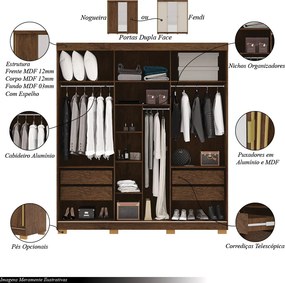 Guarda Roupa Casal Heros 3 Portas de Correr Dupla Face com Espelho MDF Nogueira/Fendi G98 - Gran Belo