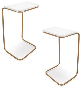 Kit 02 Mesas Lateral Tampo Multiuso Para Sófá Base Dourado 69x38 cm - D'Rossi - Branco