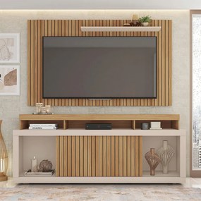 Conjunto Painel e Rack Bancada Toquio 180cm MDP Portas de correr Ripado Buriti/OffWhite G11-Gran Belo