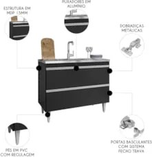 Balcão de Cozinha Com Pia Inox 100cm Julia Z34 Preto        - Mpozenat