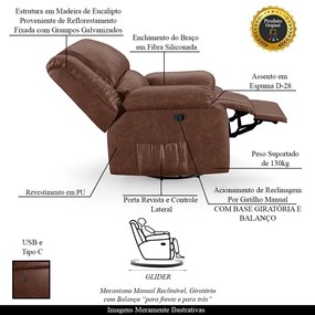 Poltrona do Papai Reclinável Sala de Cinema Madrid Glider Manual Giratória USB PU Marrom Brilho  G23 - Gran Belo