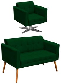 Kit 01 Namoradeira e 01 Poltrona Giratória Elisa Suede Base Estrela Cromada D'Rossi - Verde