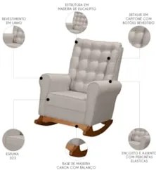 Poltrona Amamentação Base Madeira Balanço Maju Linho Bege F03 - Mpozen