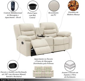 Conjunto de Poltronas 2 e 3 Lugares Sala de Estar Reclinável Hollywood Manual Aquecimento Massagem Porta Copos PU Bege G94 - Gran Belo