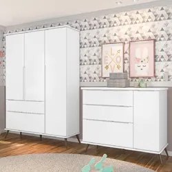Jogo De Quarto Infantil Guarda Roupa e Cômoda 100% MDF Melinda Branco