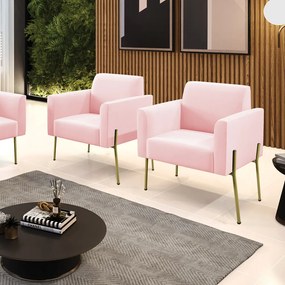 Poltrona Pé de Ferro Dourado Decorativa Kit 2 Marisa Suede D03 - D'Rossi - Rosa Bebê