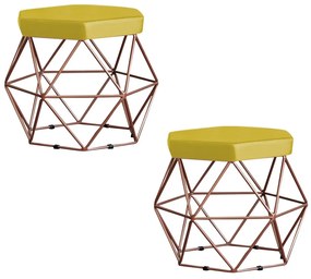 Kit 2 Puff Decorativo Base Bronze Elsa Suede Amarelo G41 - Gran Belo
