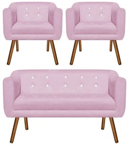 Kit 01 Namoradeira 02 Lugares e 02 Poltronas Julia Suede Rosa Bebê com Strass Pés Palito Castanho D'Rossi