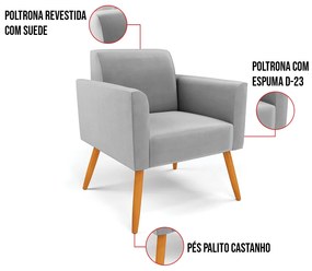 Kit 2 Poltronas Pés Palito Castanho Marisa Suede D03 - D'Rossi - Cinza