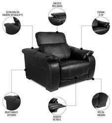 Poltrona Reclinável para Sala de Estar Living Line L07 Couro Preto - M