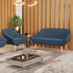 Kit 01 Namoradeira 02 Lugares e 01 Poltrona Giovana Suede Azul Marinho Pés Palito Natural - Indo Decorar