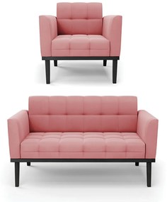 Sofá Namoradeira e Poltrona Base de Madeira Preto Elisa Suede D03 - D'Rossi - Rose