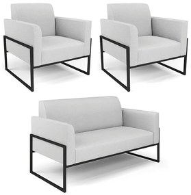 Sofá Namoradeira com 2 Poltronas Base Industrial Alta Preto Marisa Linho D03 - DRossi - A05 Cinza