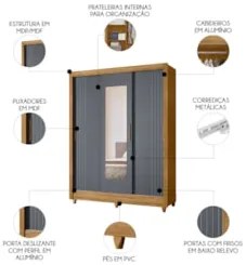 Guarda Roupa Solteiro Espelho 3 Portas Viena Z17 Freijó/Cinza - Mpozen