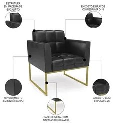 Poltrona Base Industrial Dourado Kit 2 Ana Sintético PU Preto - Ibiza