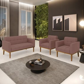 Conjunto 2 Poltronas e 1 Namoradeira Decorativa Karen Pés Fixo em Madeira Castanho Veludo Rose G19 - Gran Belo