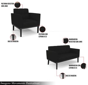Conjunto 2 Poltronas e 1 Namoradeira Decorativa Karen Pés Fixo em Madeira Preto Linho Preto G19 - Gran Belo