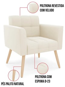 Kit 1 Sofá Namoradeira e 1 Poltrona Elisa Veludo Pés Palito Natural D03 - D'Rossi - Bege