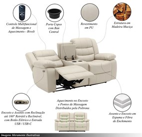 Conjunto Sofás 2 e 3 Lugares Elétricas Sala de Cinema Hollywood com Massagem Aquecimento Entrada USB/USB-C PU Bege G94 - Gran Belo