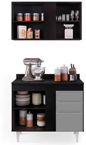 Kit Armário Aéreo e Balcão de Cozinha Lavanderia Aurora com Tampo 100 cm - D'Rossi - Preto e Cinza